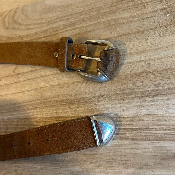Vintage USA Made Tan Genuine Suede Leather Silver Tipped Western Belt Size L - Picture 2 of 11
